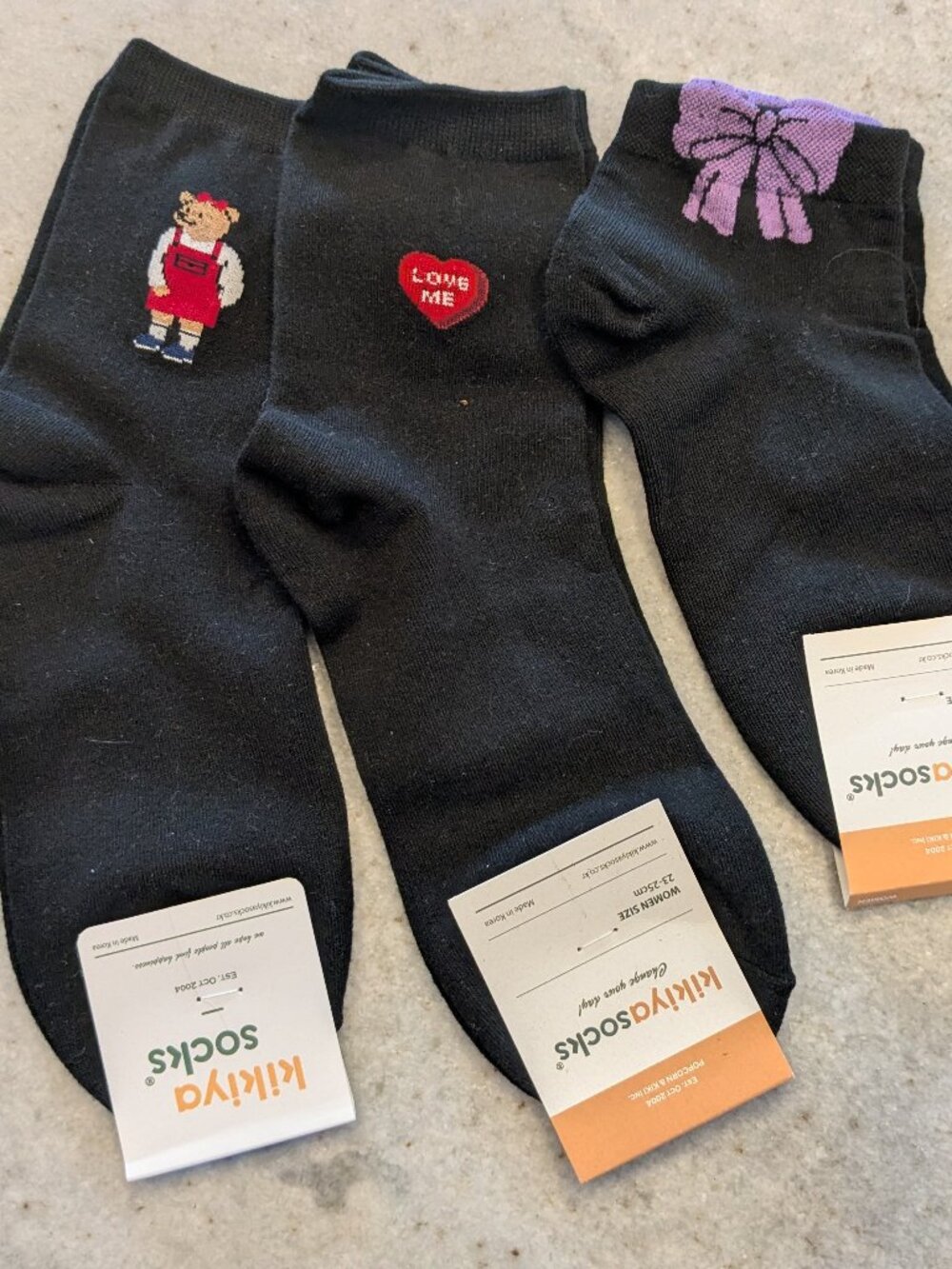 Kikiya Socks NWT 3 Pack Black Teddy Bear Love Heart Purple Bow Women 23-25cm